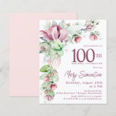 Budget Pink Floral 100th Birthday Uitnodiging (Voorkant / Achterkant)