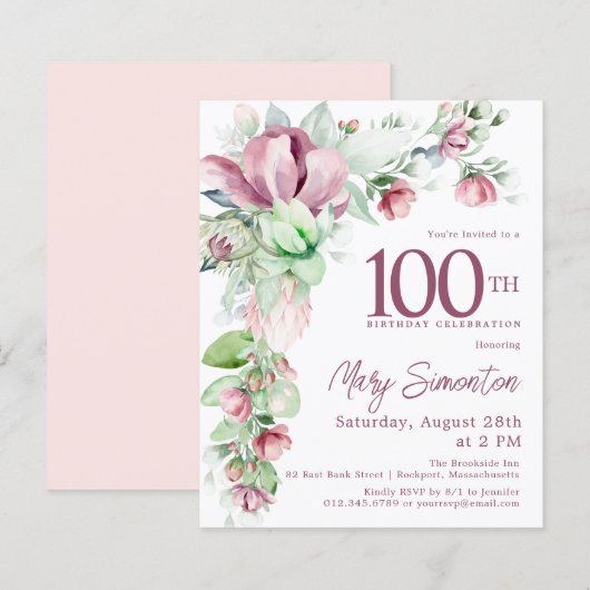 Budget Pink Floral 100th Birthday Uitnodiging (Voorkant / Achterkant)