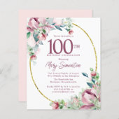Budget Pink Floral 100th Birthday Uitnodiging (Voorkant / Achterkant)