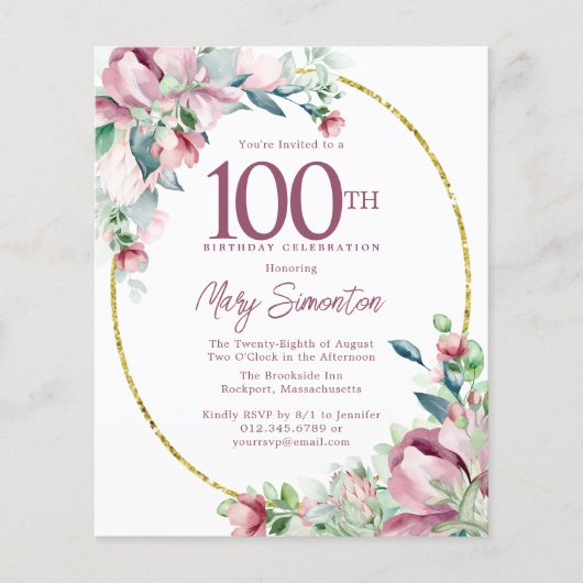 Budget Pink Floral 100th Birthday Uitnodiging (Voorkant)