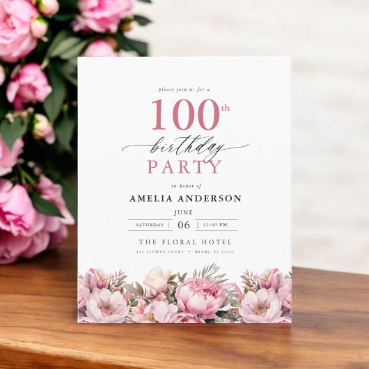 Budget Pink Floral 100th Birthday Uitnodiging Flyer