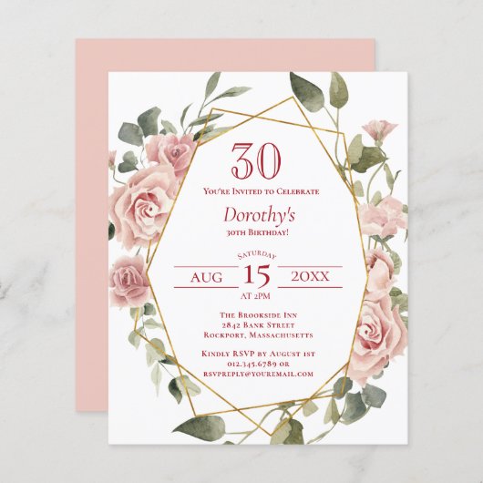 Budget Pink Floral 30th Birthday Invitation (Voorkant / Achterkant)