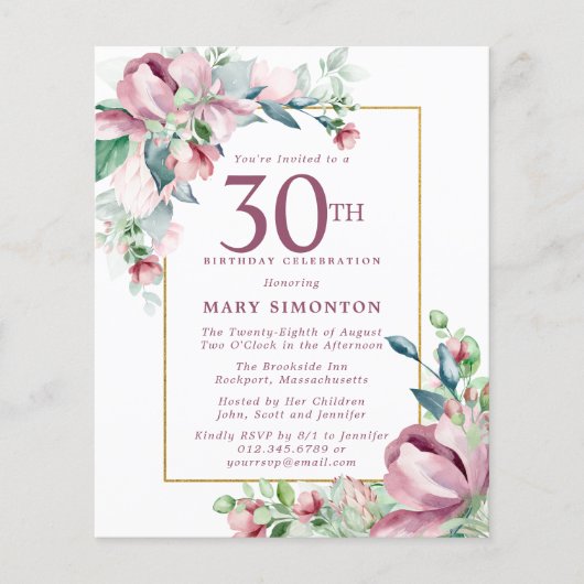 Budget Pink Floral 30th Birthday Invitation (Voorkant)
