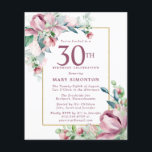 Budget Pink Floral 30th Birthday Invitation<br><div class="desc">Elegante 30e Verjaardagsfeestuitnodiging sjabloon met een gouden lijst en twee arrangementen van blush roze rozen. Alle tekst kan worden bewerkt.</div>
