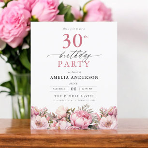 Budget Pink Floral 30th Birthday Invitation