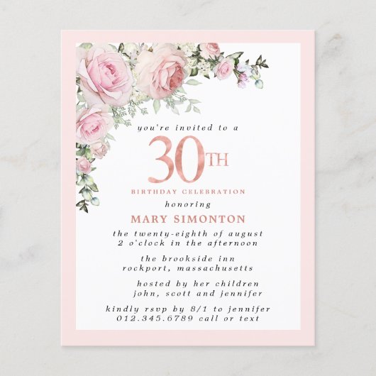 Budget Pink Floral 30th Birthday Invitation (Voorkant)