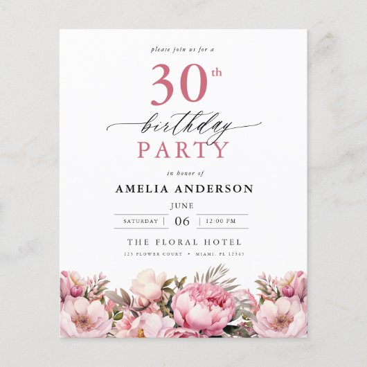 Budget Pink Floral 30th Birthday Invitation (Voorkant)