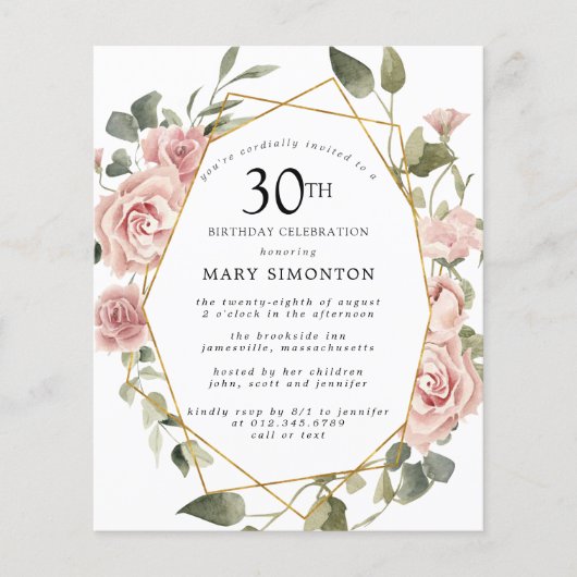 Budget Pink Floral 30th Birthday Invitation (Voorkant)