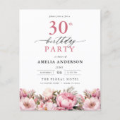 Budget Pink Floral 30th Birthday Invitation Flyer (Voorkant)
