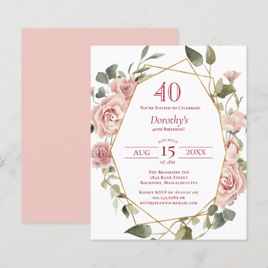 Budget Pink Floral 40th Birthday Invitation (Voorkant / Achterkant)