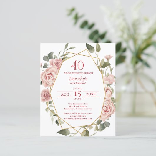 Budget Pink Floral 40th Birthday Invitation (Staand voorkant)