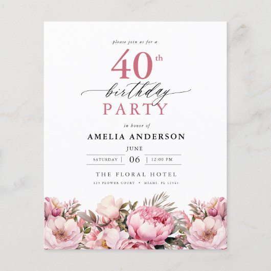 Budget Pink Floral 40th Birthday Invitation (Voorkant)
