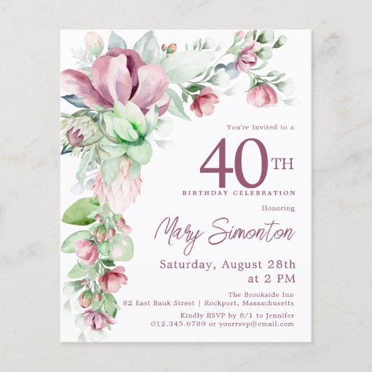 Budget Pink Floral 40th Birthday Invitation (Voorkant)