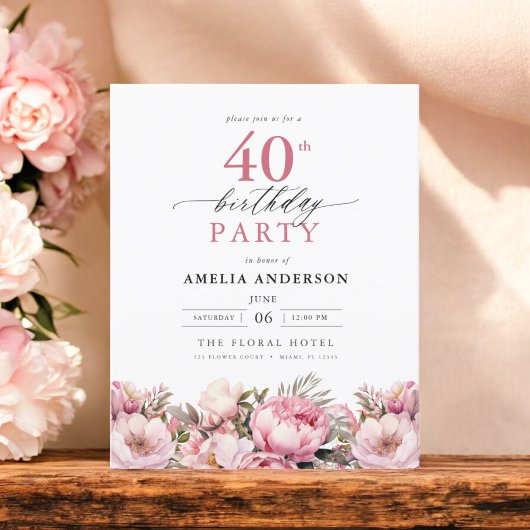 Budget Pink Floral 40th Birthday Invitation
