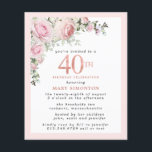 Budget Pink Floral 40th Birthday Invitation<br><div class="desc">Zacht,  stomp roze lijst met een elegante roze roze roze roze roze roze roze florale toedieningsvorm in de linker bovenhoek. De 40ste is geschreven in een prachtige gouden textuur van het roos.  en vrouwelijk ontwerp.</div>