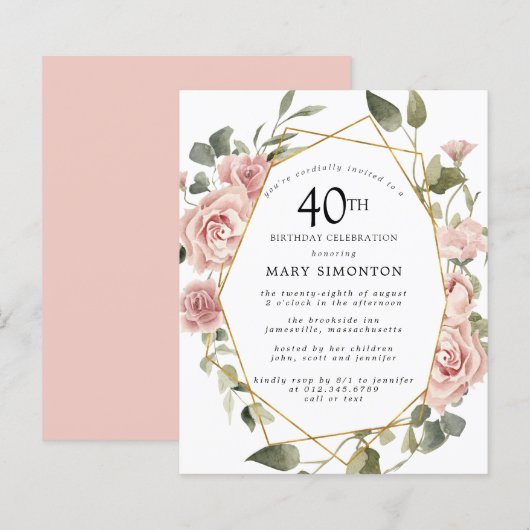 Budget Pink Floral 40th Birthday Invitation (Voorkant / Achterkant)