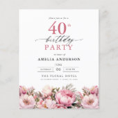 Budget Pink Floral 40th Birthday Invitation Flyer (Voorkant)