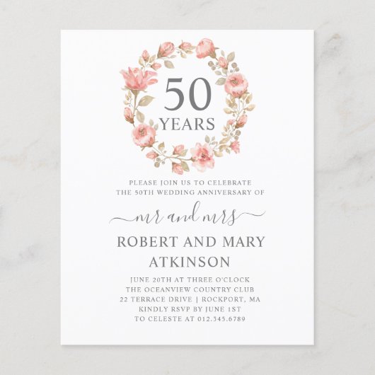 Budget Pink Floral 50e Jubileum Uitnodiging (Voorkant)