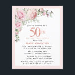 Budget Pink Floral 50th Birthday Uitnodiging<br><div class="desc">Zacht,  stomp roze lijst met een elegante roze roze roze roze roze roze roze florale toedieningsvorm in de linker bovenhoek. De 50ste is geschreven in een prachtige gouden textuur van het roos.  en vrouwelijk ontwerp.</div>