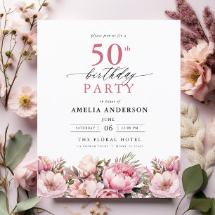 Budget Pink Floral 50th Birthday Uitnodiging Flyer
