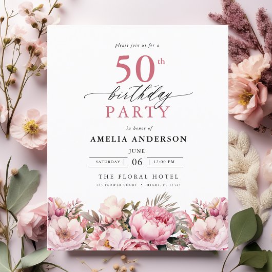 Budget Pink Floral 50th Birthday Uitnodiging Flyer