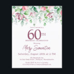 Budget Pink Floral 60th Birthday Invitation<br><div class="desc">Elegante 60e Verjaardagsfeestuitnodiging sjabloon met een gouden lijst en twee arrangementen van blush roze rozen. Alle tekst kan worden bewerkt.</div>