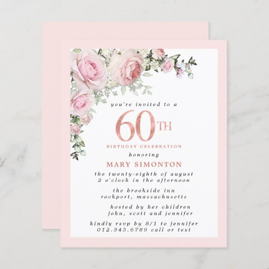 Budget Pink Floral 60th Birthday Invitation (Voorkant / Achterkant)