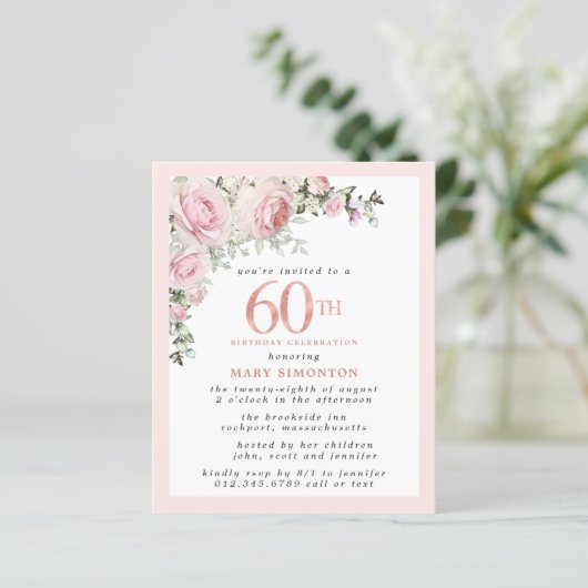 Budget Pink Floral 60th Birthday Invitation (Staand voorkant)