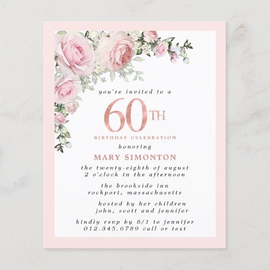 Budget Pink Floral 60th Birthday Invitation (Voorkant)