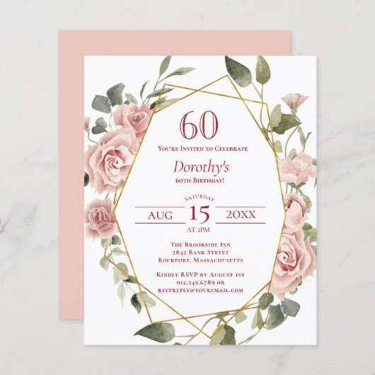 Budget Pink Floral 60th Birthday Invitation (Voorkant / Achterkant)