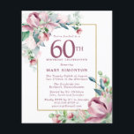 Budget Pink Floral 60th Birthday Invitation<br><div class="desc">Elegante 60e Verjaardagsfeestuitnodiging sjabloon met een gouden lijst en twee arrangementen van blush roze rozen. Alle tekst kan worden bewerkt.</div>