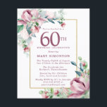 Budget Pink Floral 60th Birthday Invitation<br><div class="desc">Elegante 60e Verjaardagsfeestuitnodiging sjabloon met een gouden lijst en twee arrangementen van blush roze rozen. Alle tekst kan worden bewerkt.</div>