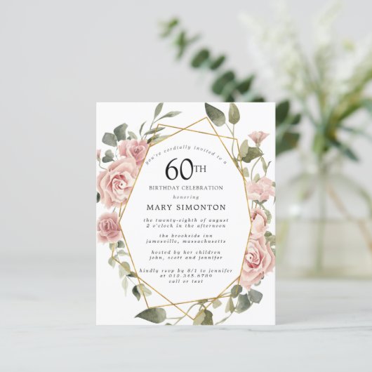 Budget Pink Floral 60th Birthday Invitation (Staand voorkant)