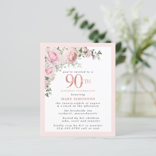Budget Pink Floral 90th Birthday Invitation (Staand voorkant)