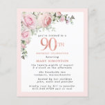 Budget Pink Floral 90th Birthday Invitation<br><div class="desc">Zacht,  stomp roze lijst met een elegante roze roze roze roze roze roze roze florale toedieningsvorm in de linker bovenhoek. De 90ste is geschreven in een prachtige gouden textuur van het roos.  en vrouwelijk ontwerp.</div>