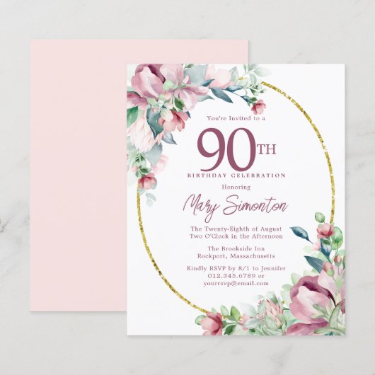 Budget Pink Floral 90th Birthday Invitation (Voorkant / Achterkant)