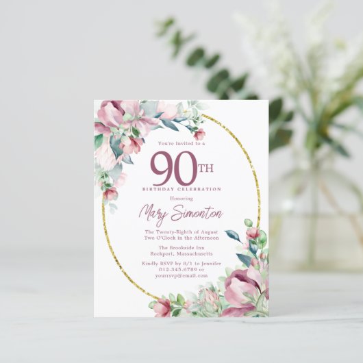Budget Pink Floral 90th Birthday Invitation (Staand voorkant)