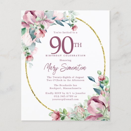 Budget Pink Floral 90th Birthday Invitation (Voorkant)