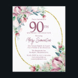 Budget Pink Floral 90th Birthday Invitation<br><div class="desc">Elegante 90ste verjaardagsfeestuitnodiging sjabloon met een gouden lijst en twee arrangementen van blush roze rozen. Alle tekst kan worden bewerkt.</div>