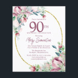 Budget Pink Floral 90th Birthday Invitation<br><div class="desc">Elegante 90ste verjaardagsfeestuitnodiging sjabloon met een gouden lijst en twee arrangementen van blush roze rozen. Alle tekst kan worden bewerkt.</div>