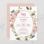 Budget Pink Floral 90th Birthday Invitation<br><div class="desc">stoffige roze rozen creëer Een moderne bloemsierrand op deze 90ste verjaardagsfeestuitnodiging. De roze bloemetjes versieren een geometrisch lijst. Dit artikel maakt deel uit van het Dusty Pink Rose collectie. Het bevat de DIY-sjablonen die u kunt gebruiken om een unieke uitnodigingssuite te creëer. U vindt er ook sjablonen voor welkomstborden en...</div>