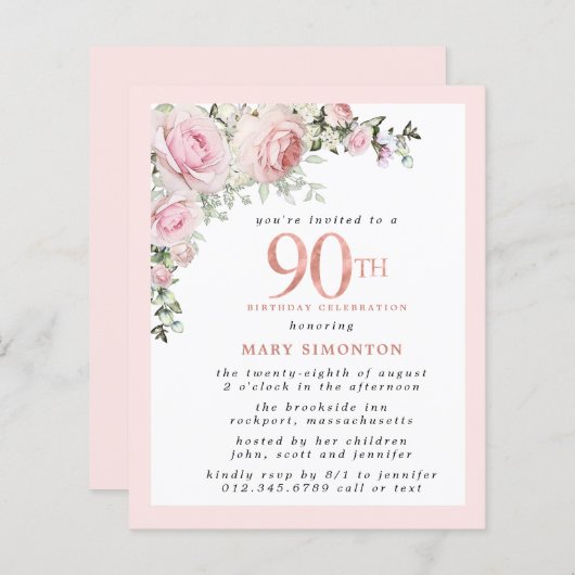 Budget Pink Floral 90th Birthday Invitation (Voorkant / Achterkant)