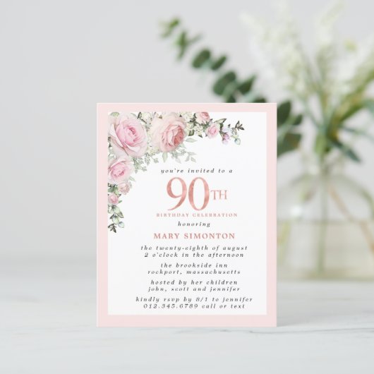 Budget Pink Floral 90th Birthday Invitation (Staand voorkant)