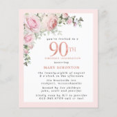 Budget Pink Floral 90th Birthday Invitation (Voorkant)