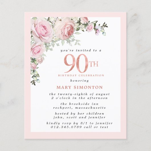 Budget Pink Floral 90th Birthday Invitation (Voorkant)