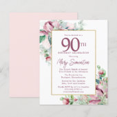 Budget Pink Floral 90th Birthday Invitation (Voorkant / Achterkant)