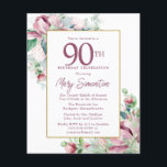 Budget Pink Floral 90th Birthday Invitation<br><div class="desc">Elegante 90ste verjaardagsfeestuitnodiging sjabloon met een gouden lijst en twee arrangementen van blush roze rozen. Alle tekst kan worden bewerkt.</div>
