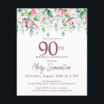 Budget Pink Floral 90th Birthday Invitation<br><div class="desc">Elegante 90ste verjaardagsfeestuitnodiging sjabloon met een gouden lijst en twee arrangementen van blush roze rozen. Alle tekst kan worden bewerkt.</div>