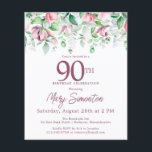 Budget Pink Floral 90th Birthday Invitation<br><div class="desc">Elegante 90ste verjaardagsfeestuitnodiging sjabloon met een gouden lijst en twee arrangementen van blush roze rozen. Alle tekst kan worden bewerkt.</div>