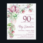 Budget Pink Floral 90th Birthday Invitation<br><div class="desc">Elegante 90ste verjaardagsfeestuitnodiging sjabloon met een gouden lijst en twee arrangementen van blush roze rozen. Alle tekst kan worden bewerkt.</div>